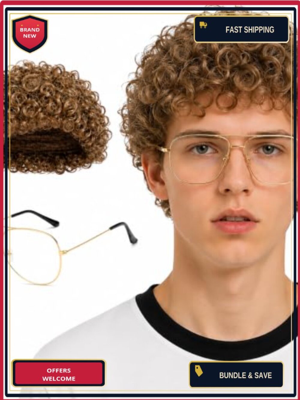 Curly Wig & Glasses Costume Set Heat Resistant Synthetic Cosplay